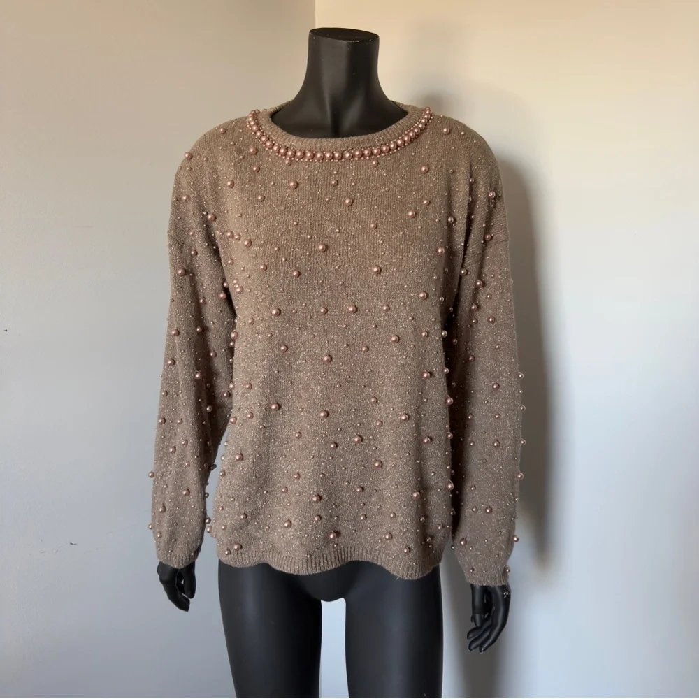 102. VTG Silk / Rabbit hair Elegant Pearl-Embellished Brown Sweater - Picture 3 of 8